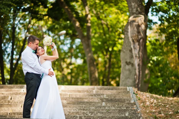 Recém-casados no dia do casamento no parque — Fotografia de Stock