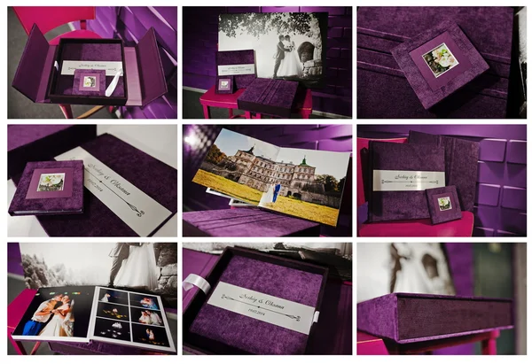 Livre photo en velours violet et album avec vue d'ensemble — Photo