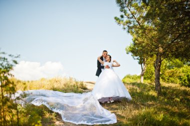 Düğün çift şehir ve nehir üzerinde. uzun ve gelinle