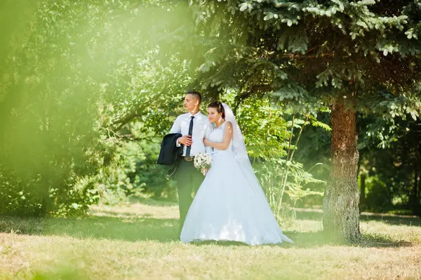 Junges glückliches Hochzeitspaar im grünen Park — Stockfoto