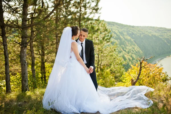 Coppia nuziale su panorama di città e fiume. sposa con lunga ve — Foto Stock