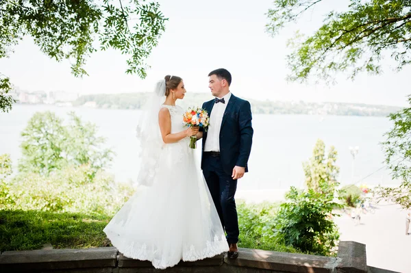 Mariage couple fond vert arbres et lac — Photo