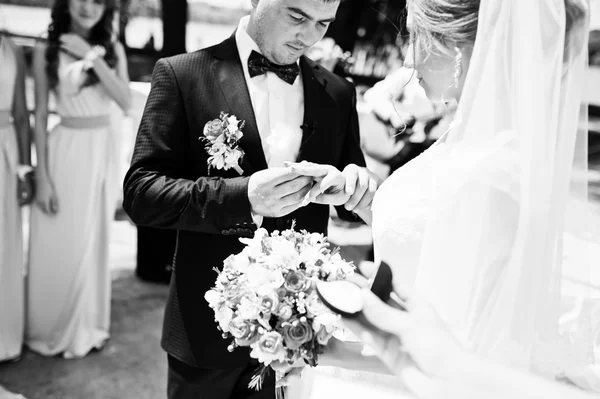 Casal de casamento na moda feliz em cerimônia de casamento de registra — Fotografia de Stock