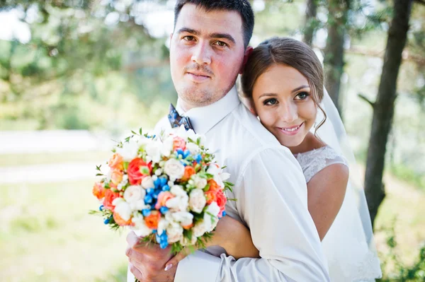 Casal de casamento em pinhal floresta no amor — Fotografia de Stock