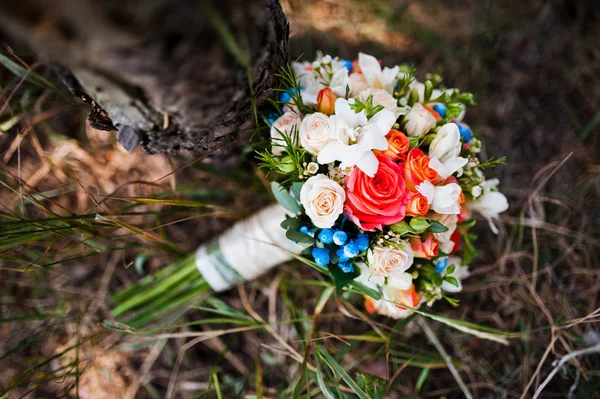 Wedding bouquet with rings at pine forest — Stock Photo, Image