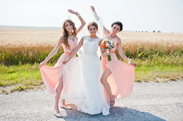 Divertirse novia con dos damas de honor en vestidos de rosa — Foto de Stock