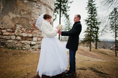 Landskape ve wa genç Düğün çifti kış arka plan üzerinde taş