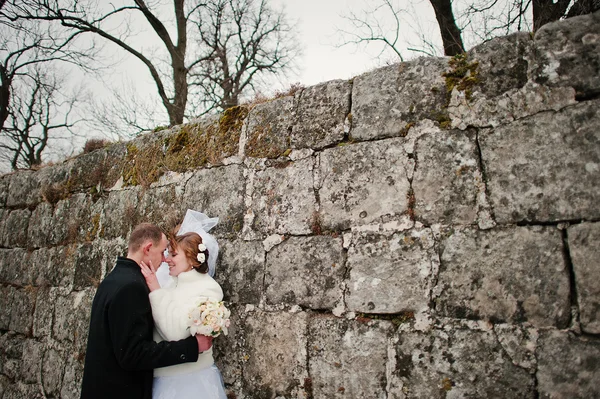 年轻的新婚夫妇在冬天背景石 landskape 和洼 — 图库照片