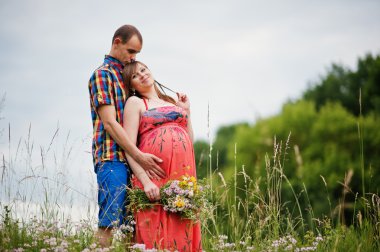 Mutlu genç bekliyor bebek, hamile kadın kocası ile Çift