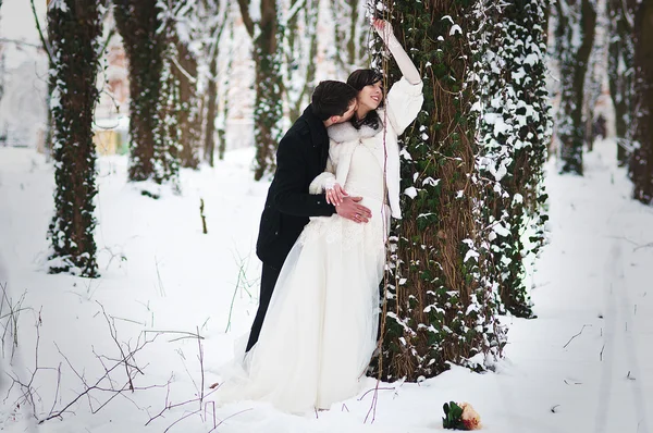 Wedding couple in winter snowly forest