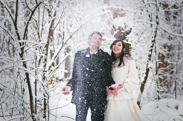 Wedding couple in winter snowly forest