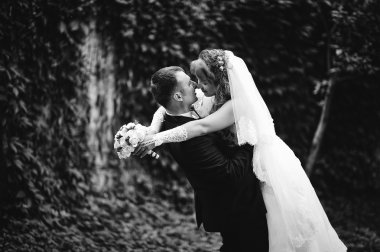 Düğün çift öpüşme, damat karısı ellerinde tutan