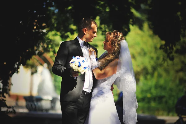 A fa, a szerencsés nap alatt esküvő házaspár — Stock Fotó
