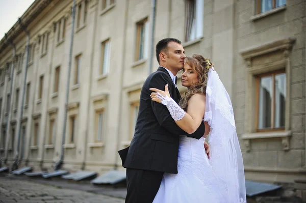 Wedding couple embrace background old architecture — Stock Photo, Image