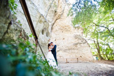 Çok şehvetli ve düzülmüş Düğün çifti pitoresk arazileri üzerinde