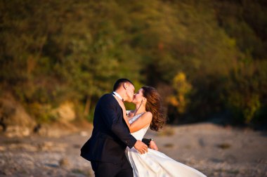 Çok şehvetli ve düzülmüş Düğün çifti pitoresk arazileri üzerinde