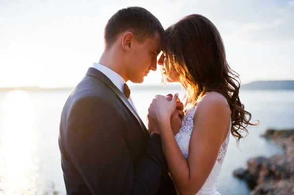 Sehr sinnliches und prachtvolles Hochzeitspaar auf dem malerischen Land — Stockfoto