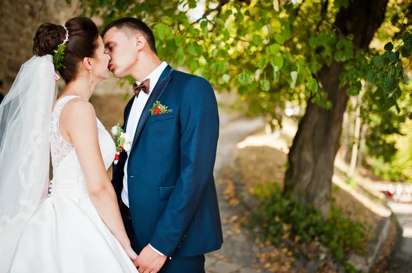 恋の秋の公園で豪華な結婚式のカップル — ストック写真