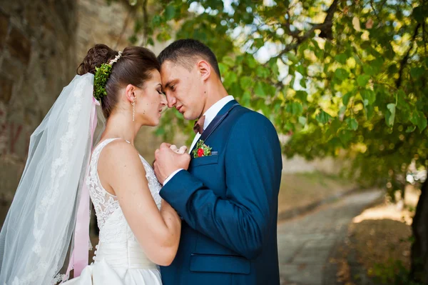 Hermosa pareja de boda en el parque de otoño en el amor — Foto de Stock