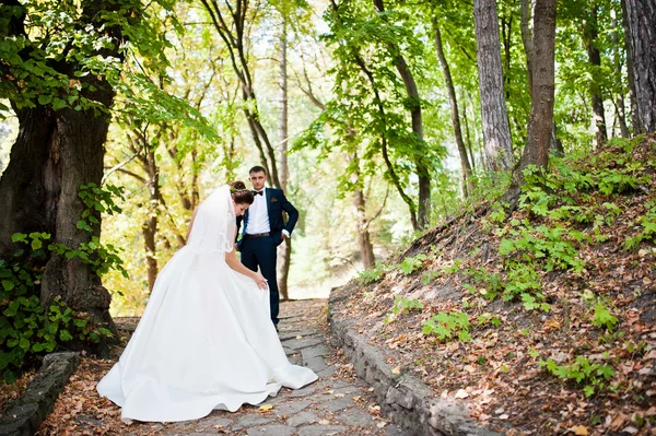Πανέμορφο γαμήλιο ζεύγος στο φθινόπωρο park στην αγάπη — Φωτογραφία Αρχείου