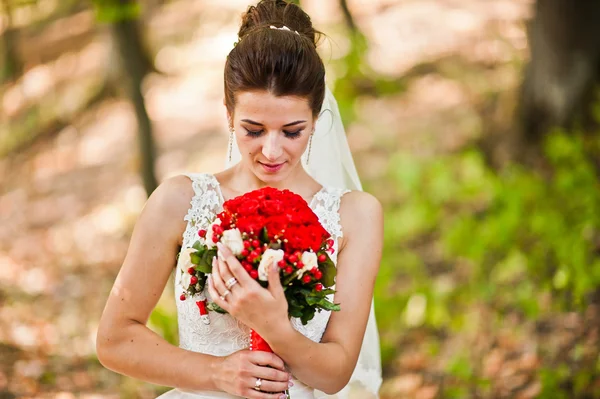 Elegante brünette Braut mit langem Schleier im Wald — Stockfoto