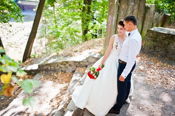 Великолепная свадебная пара в осеннем парке влюблена — стоковое фото