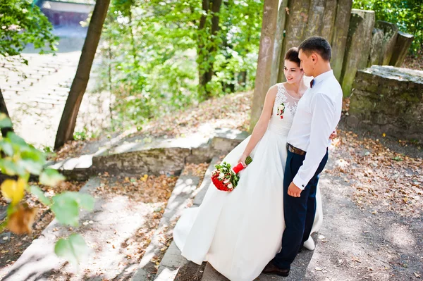 Hermosa pareja de boda en el parque de otoño en el amor —  Fotos de Stock