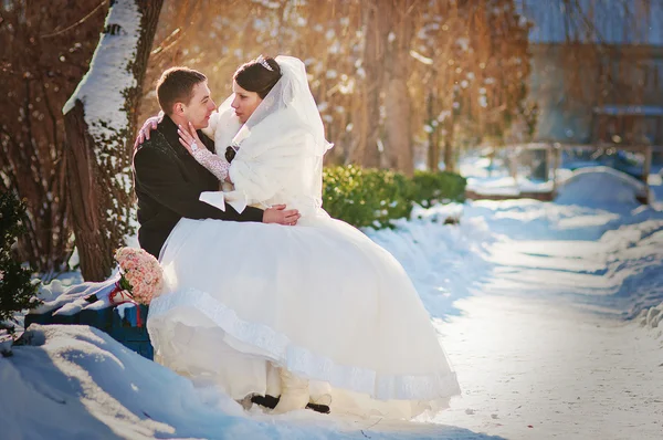 年轻的新婚夫妇在阳光明媚的冬日 — 图库照片