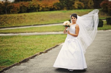 Gelin buketi sonbahar gün ile portresi