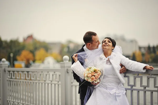 Wedding couple background autumn lake — Stock Photo, Image