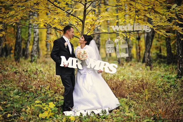 ミセス ・氏と秋の日に幸せな結婚式のカップルに署名します。 — ストック写真
