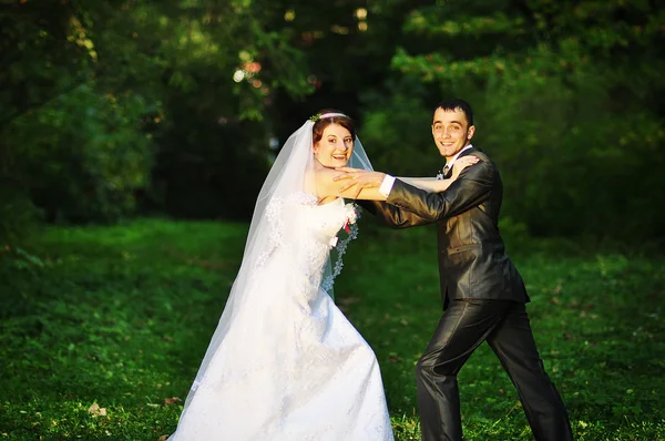 Игривая свадебная пара на зеленом дереве — стоковое фото