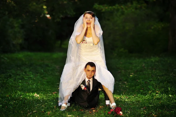 Zöld fa játékos esküvő házaspár — Stock Fotó