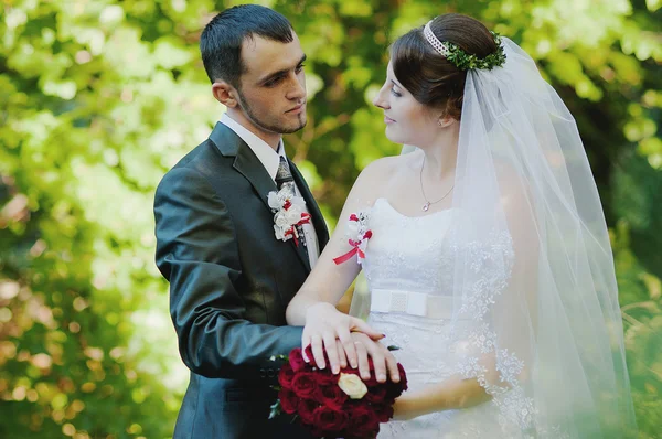 Wedding couple in love at wooden forest — Stock Photo, Image