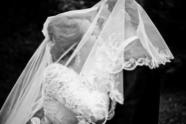 Peçe, gülümsedi ve mutlu gelin altında yeni evli