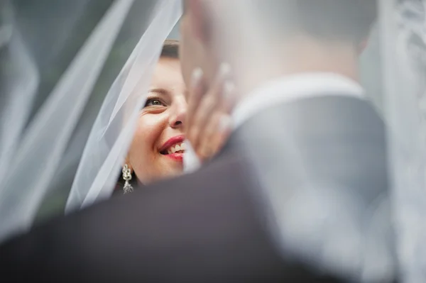 Recém-casada sob véu, noiva sorridente e feliz — Fotografia de Stock