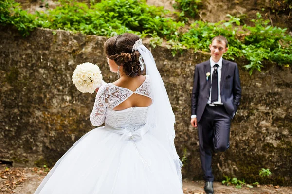 Bruidspaar in liefde in de buurt van stenen trap — Stockfoto