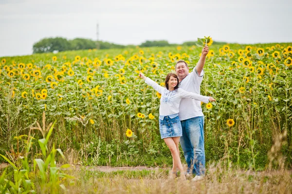 Família feliz se divertindo em girassóis, pai com filha — Fotografia de Stock