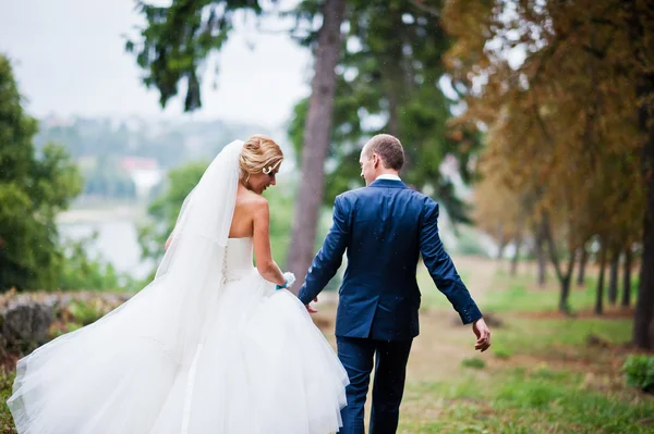 Married walking in the rain at park — Stock Photo, Image