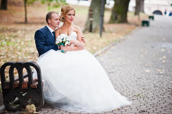 Wedding couple sitting on wooden bench — Stock Photo, Image