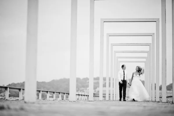 Elegant wedding couple on the roof with high-tech architecture l — Stock Photo, Image