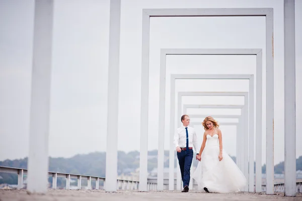 Elegantes Hochzeitspaar auf dem Dach mit High-Tech-Architektur — Stockfoto