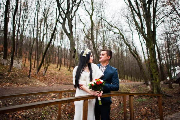 Grazioso matrimonio coppia sfondo legno senza alberi decidui — Foto Stock