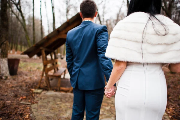 Elegante boda pareja fondo madera sin árboles de hoja caduca — Foto de Stock