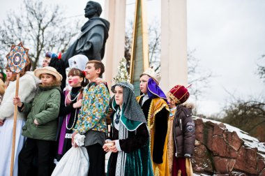 Ukrayna. Lviv - 14 Ocak 2016: Noel nativity sahne parad
