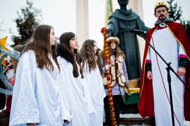 Ukrayna. Lviv - 14 Ocak 2016: Noel nativity sahne parad