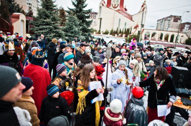 Ukrayna. Lviv - 14 Ocak 2016: Noel nativity sahne parad