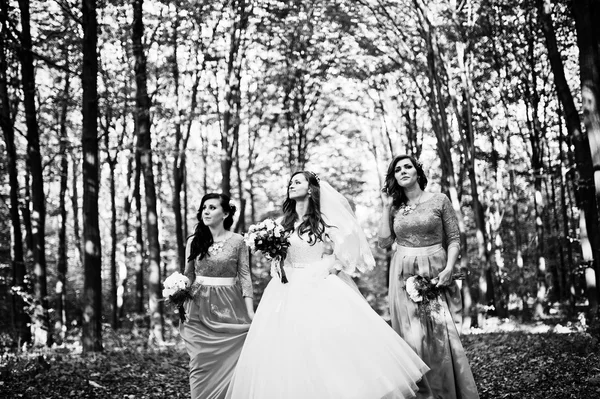 Noiva com damas de honra em vestidos de turquesa ao ar livre — Fotografia de Stock