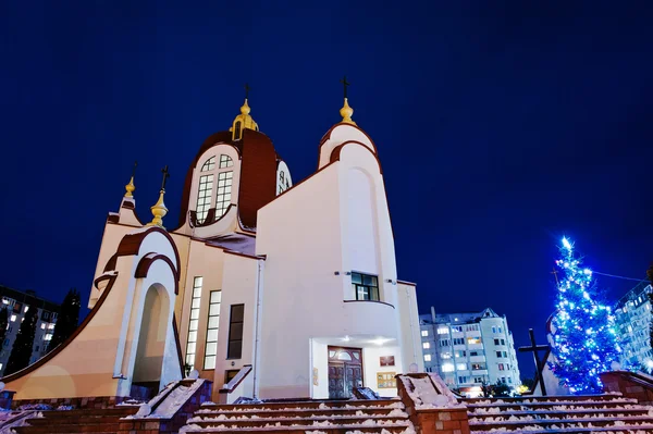 凍結夜の新年のツリーと聖ペテロの教会 — ストック写真