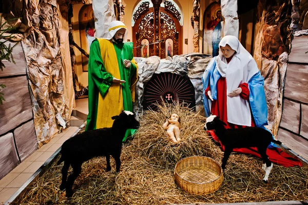 Nagyon nagy karácsonyi betlehemes jászol. A jászolban Jézus. Szent fa — Stock Fotó